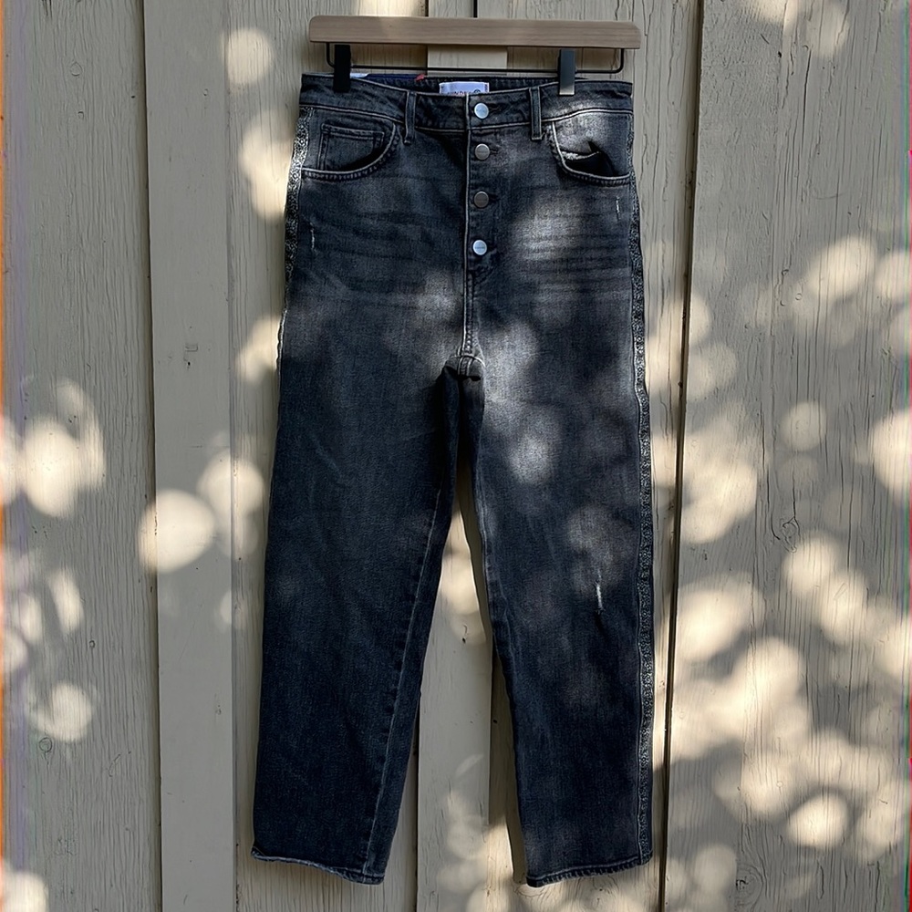 Sundry charcoal cheetah side stripe crop jeans